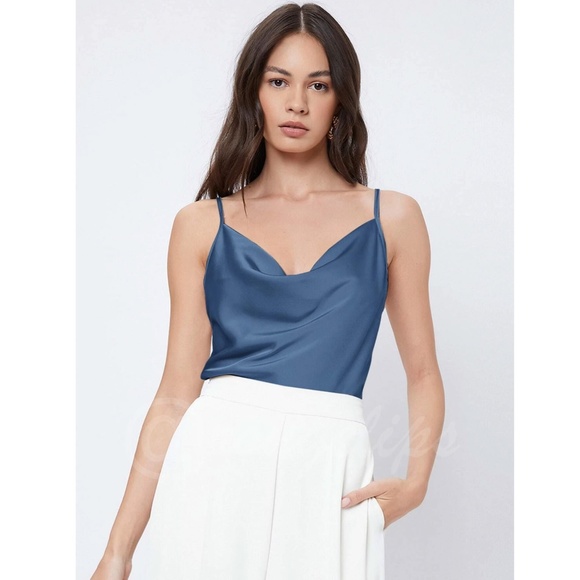 Blue Satin Glamorous Cowl Neck Spaghetti Straps Camisole Top Cami, Draped - Picture 5 of 9